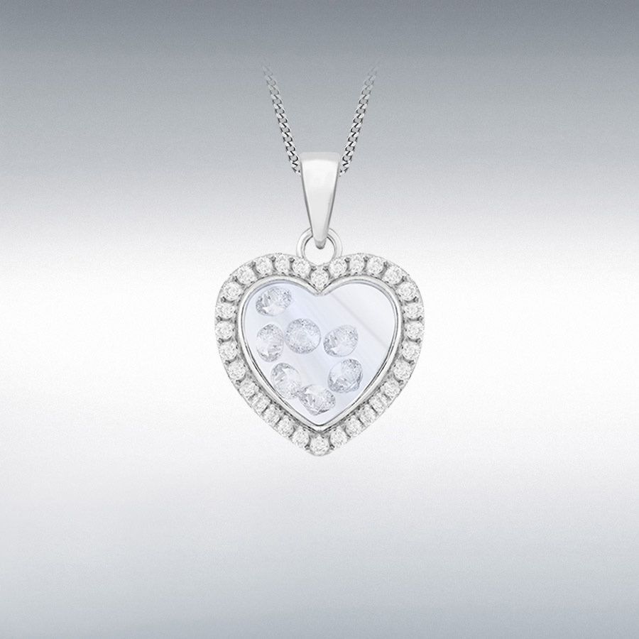 Sterling Silver Rhodium Plated CZ Floating Stones Heart Pendant