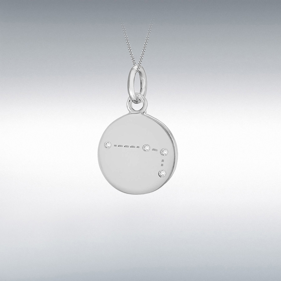 Sterling Silver Rhodium Plated CZ 12mm x 18.5mm Aries Constellation Disc Pendant