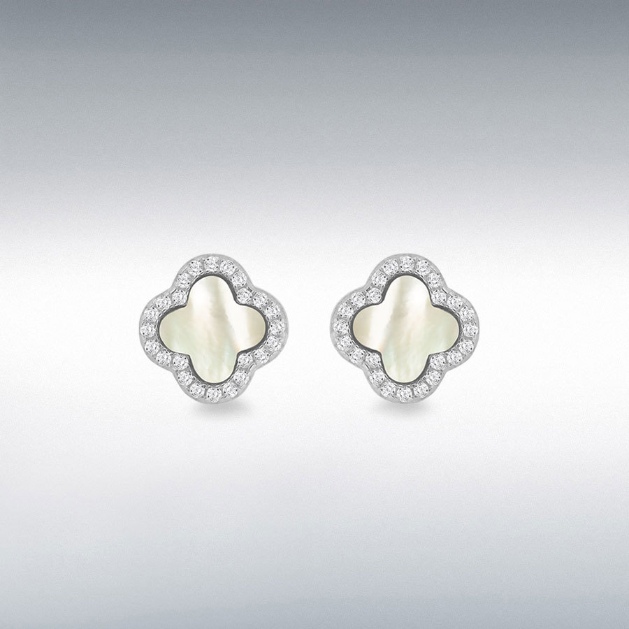 Sterling Silver Rhodium Plated 11mm Clover Mother of Pearl and 1.1mm White CZ Stud Earring