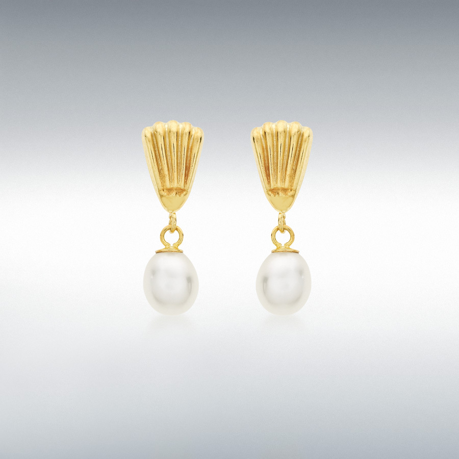 9ct Yellow Gold Freshwater Pearl 6mm x 19mm Shell Drop Earrings  