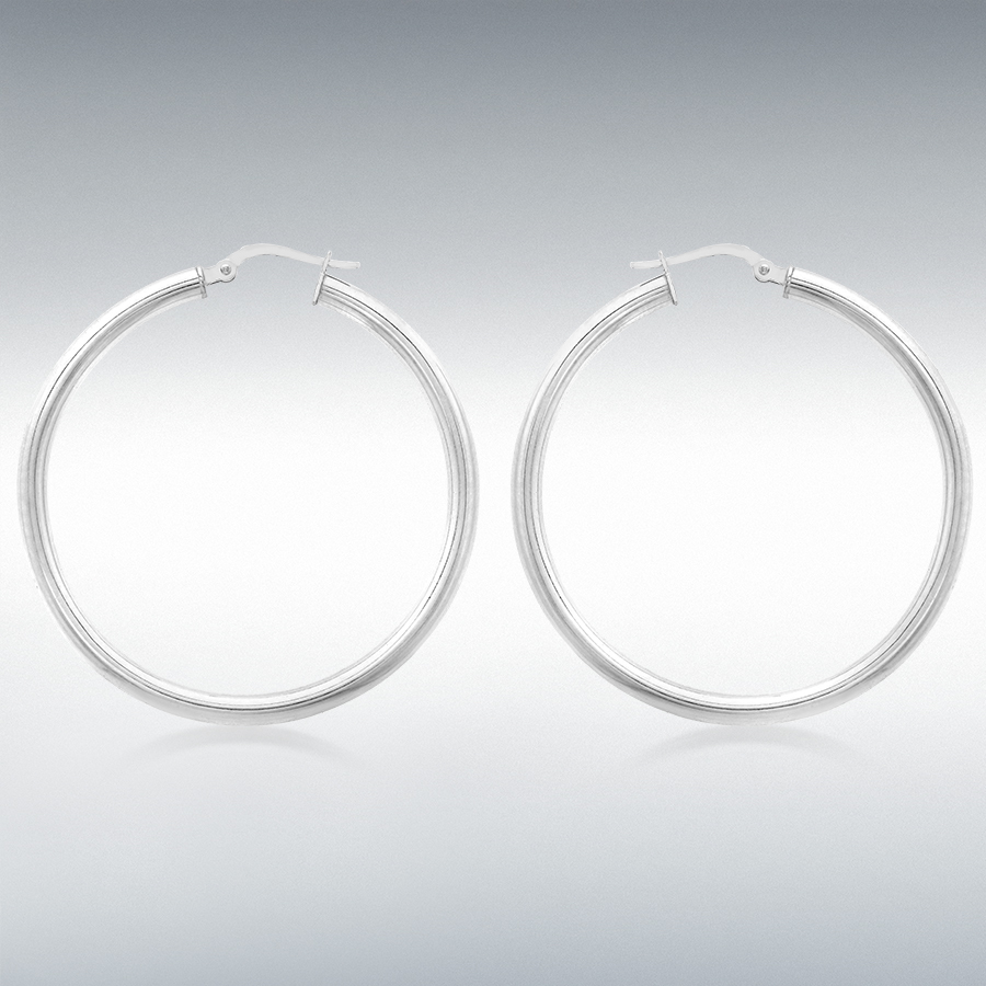 9ct White Gold 3mm Round-Tube 40mm Polished Hoop Creole Earrings