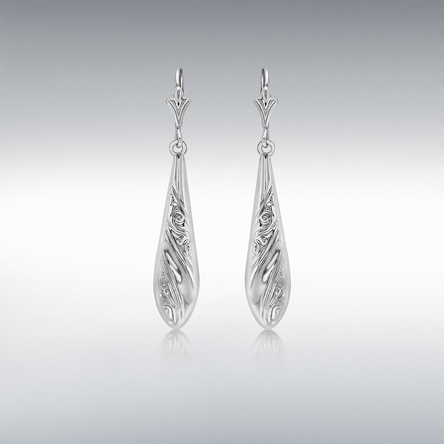 9ct White Gold 7mm x 43.5mm Swirl-Pattern Teardrop Earrings