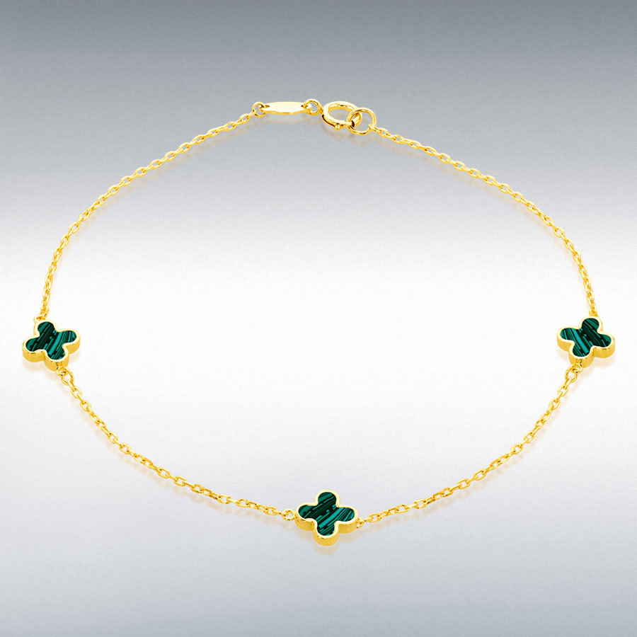 18ct Yellow Gold 3 x 6.5mm Malachite Clover Petals Bracelet 19cm/7.5"