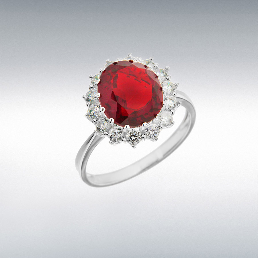 Sterling Silver White CZ and Red Glass Cluster Ring