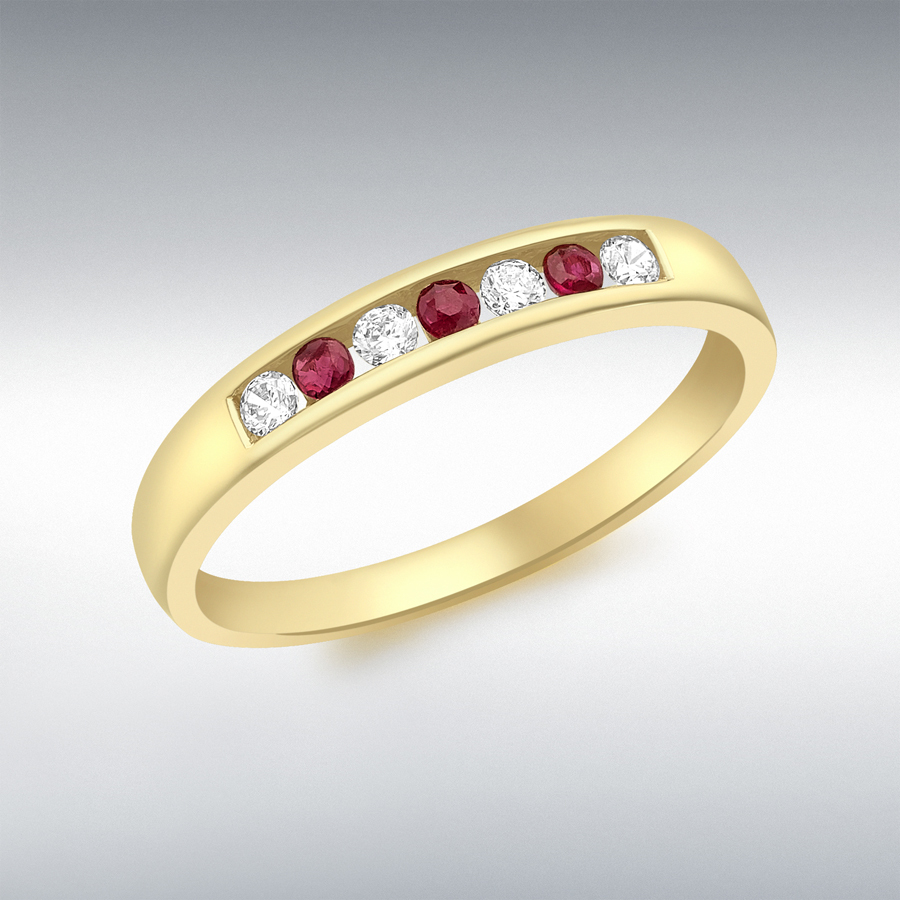 9ct Yellow Gold 3 x 2mm Red CZ and 4 x 2mm White CZ Channel Set Ring