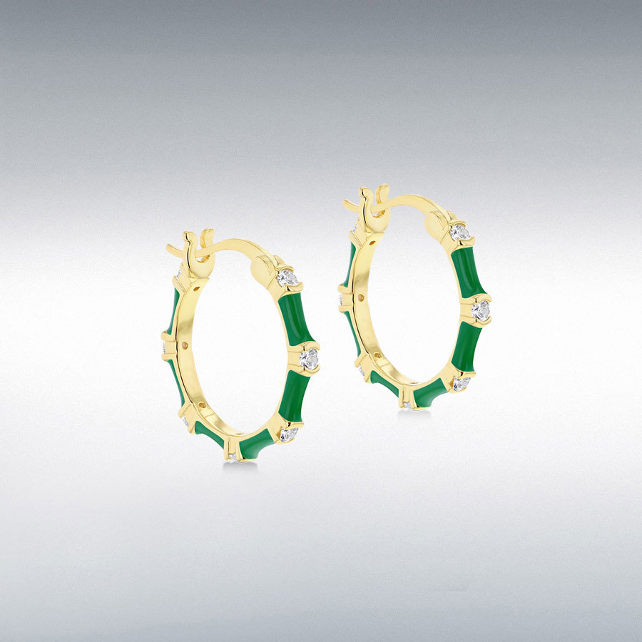 Sterling Silver Yellow Gold Plated 2mm Round White CZs 20mm Green Enamel Hoop Creole Earrings