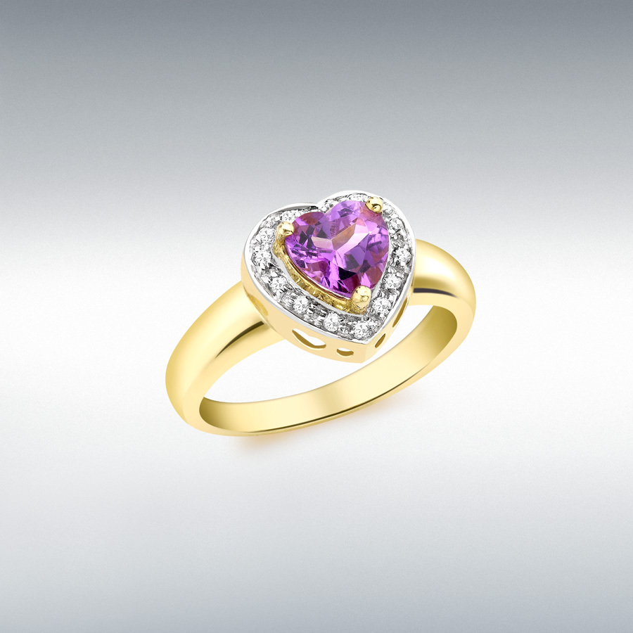 9ct Yellow Gold 0.10ct Diamond and Amethyst 11mm x 10mm Heart Ring