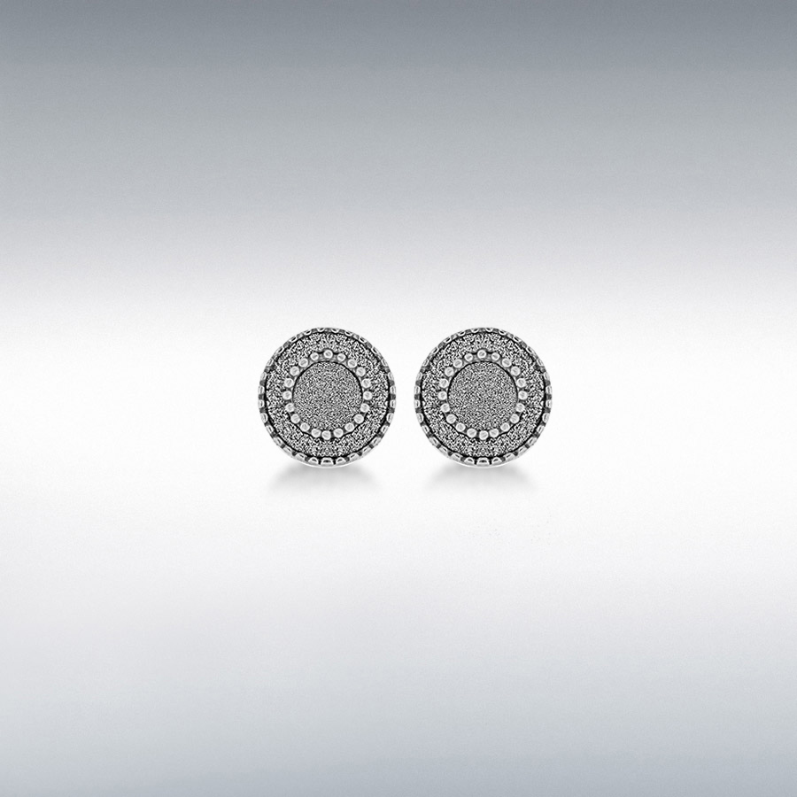 Sterling Silver Rhodium Plated 10mm Double-Circle Stardust Stud Earrings