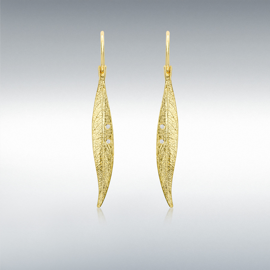 9ct Yellow Gold CZ 4.5mm x 39mm Leaf Drop Earrings