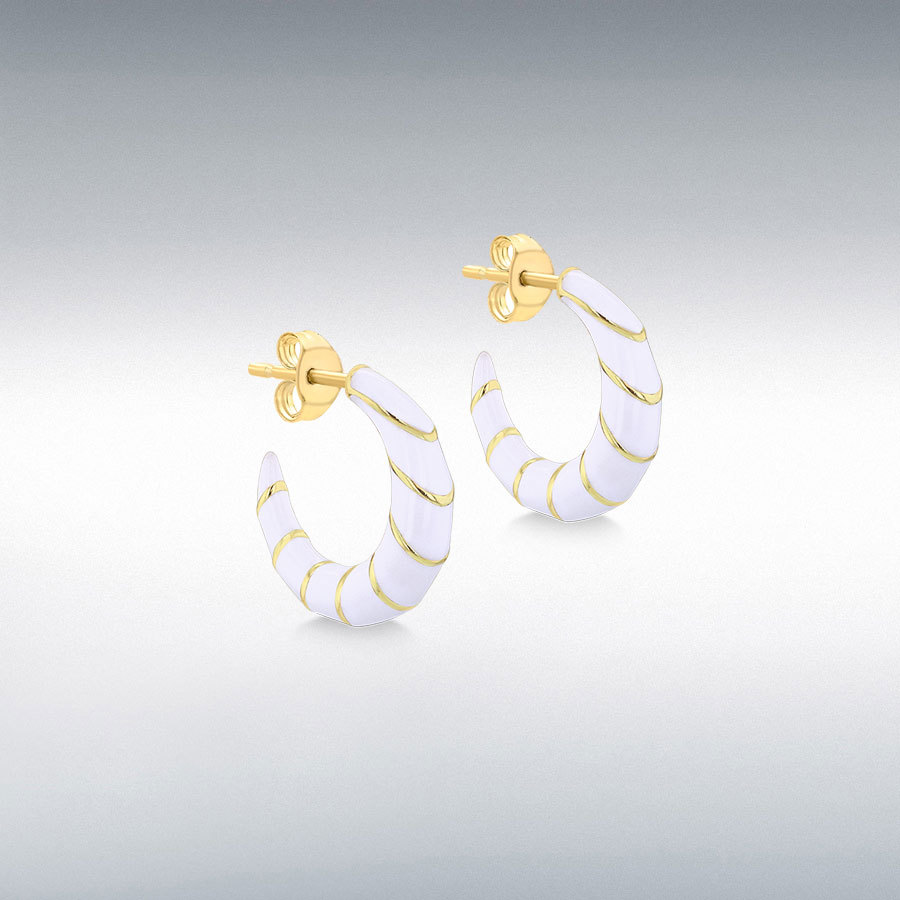 Sterling Silver Yellow Gold Plated 18.5mm White Enamel Half Hoop Stud Earrings