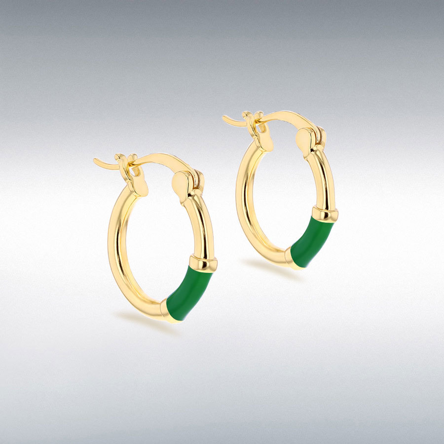 Sterling Silver Yellow Gold Plated 15mm Green Enamel Hoop Earrings