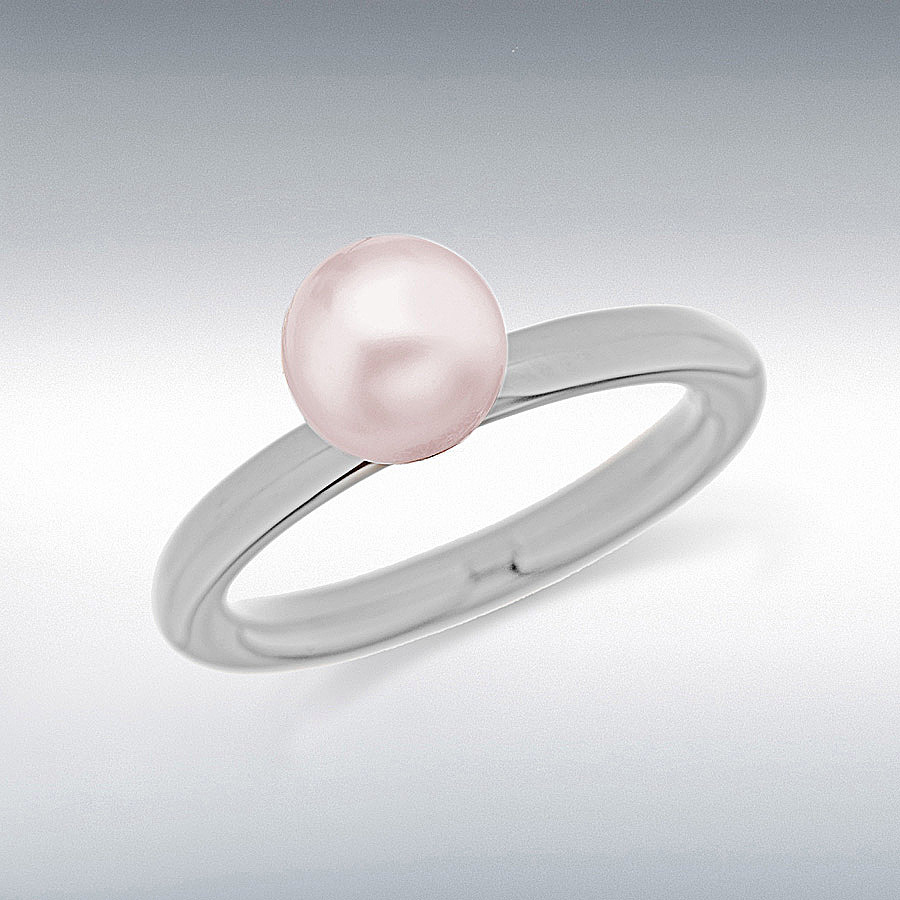 Sterling Silver Rhodium Plated Pink Simulated Pearl Stacking Ring