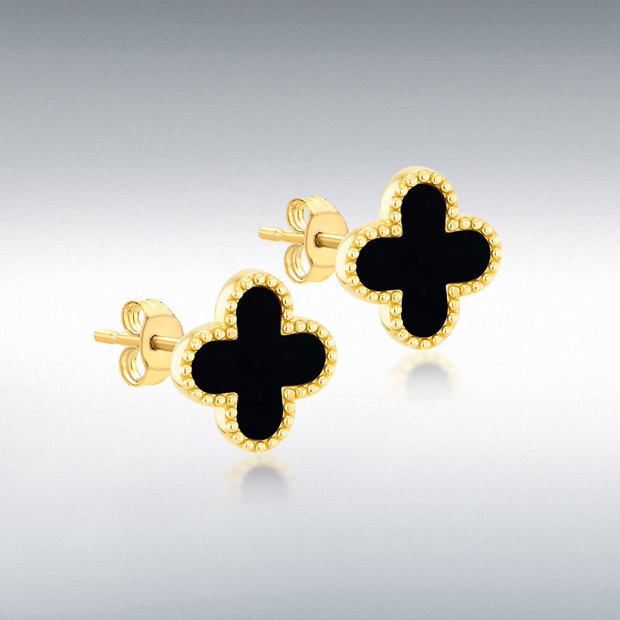 9ct Yellow Gold 11.4mm x 11.4mm Clover Black Onyx Stud Earring