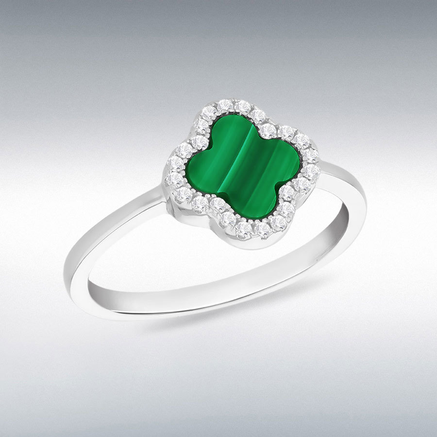 Sterling Silver Rhodium Plated 11mm Clover Malachite and 1.1mm White CZ Ring