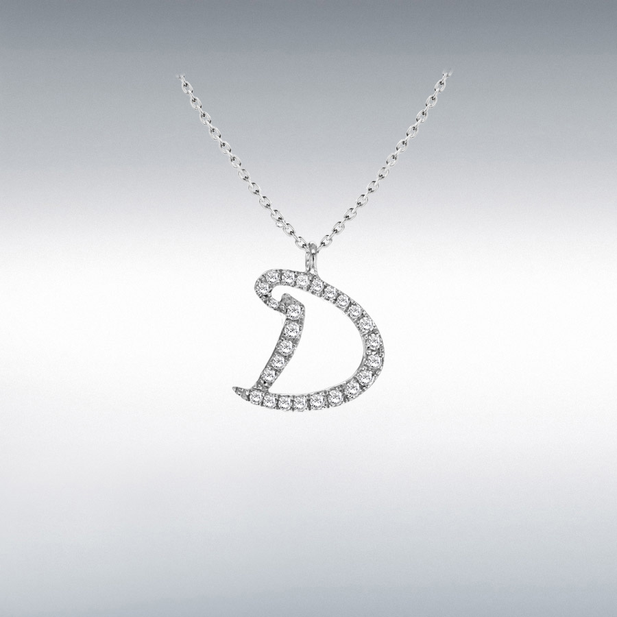 9ct White Gold 0.09ct Diamond 9.2mm x 11mm 'D' Initial Adjustable Necklace 38cm/15"-41cm/16"