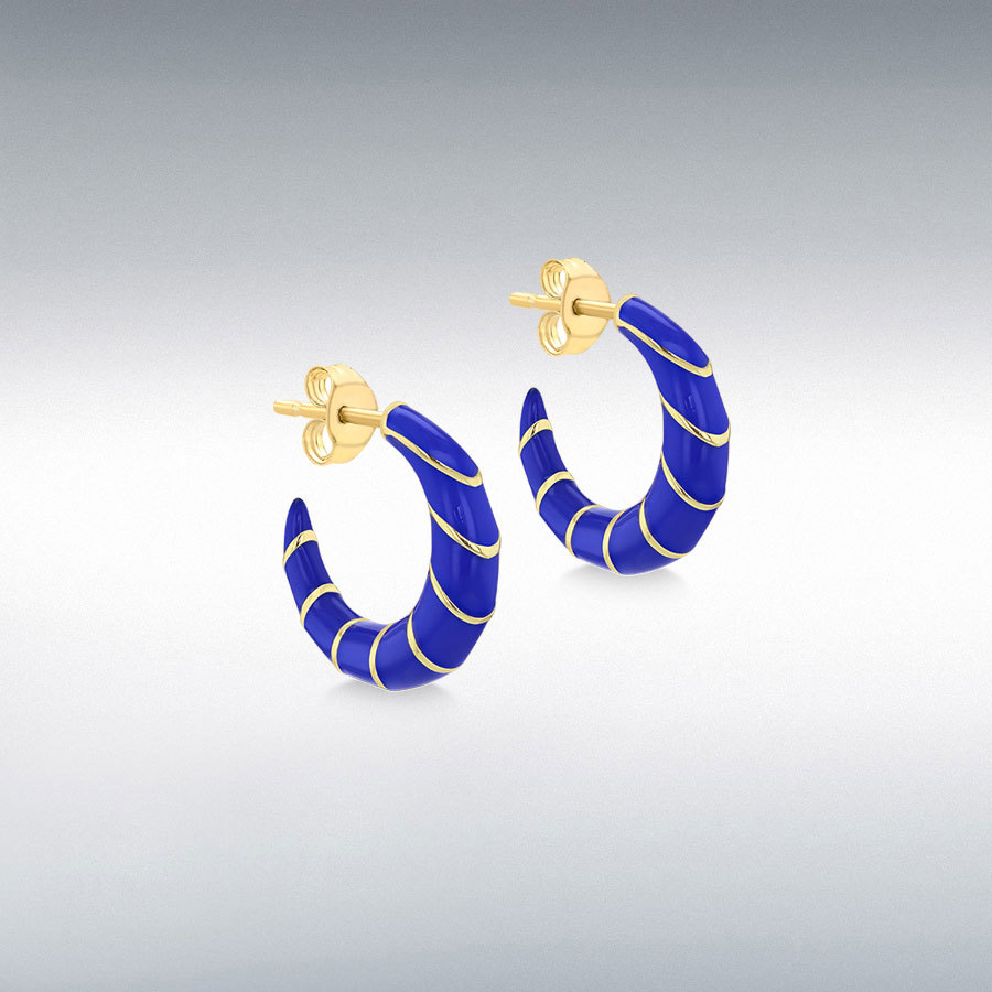 Sterling Silver Yellow Gold Plated 18.5mm Blue Enamel Half Hoop Stud Earrings