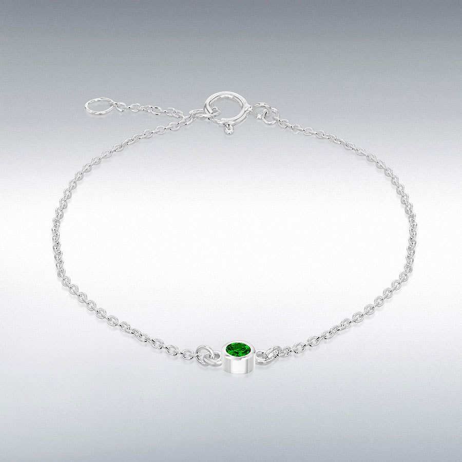 Sterling Silver Green 3mm CZ May Birthstone Adjustable Bracelet 16cm/6.25"-18cm/7"