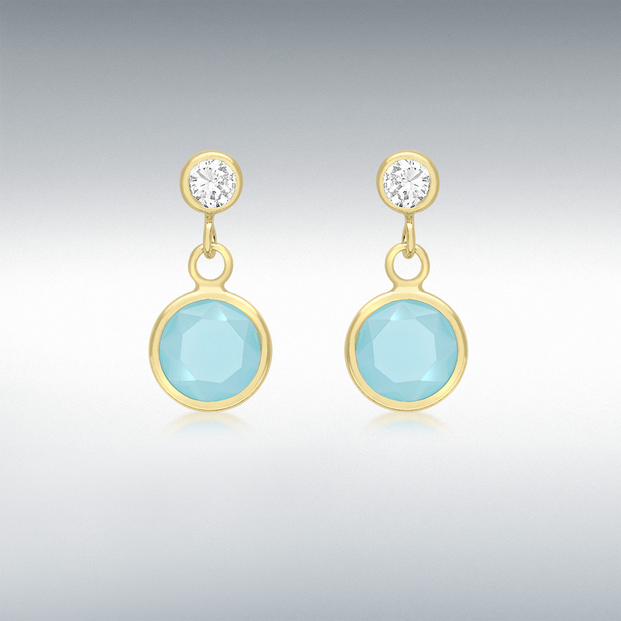 9ct Yellow Gold CZ and Aqua Crystal 5.5mm x 12mm Drop Earrings