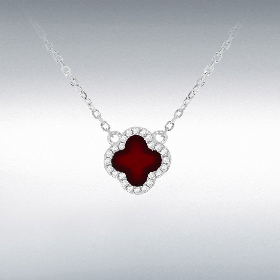 Sterling Silver Rhodium Plated 11mm Clover Red Agate and 1.1mm White CZ Adjustable Necklace 40cm/15.75" 45cm/17.75"