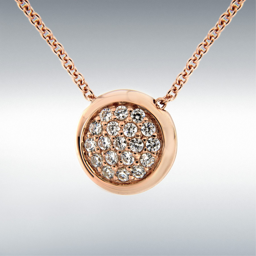 Sterling Silver Rose Gold Plated CZ 13mm Slider Disc Adjustable Necklace 41cm/16"-43cm/17"-46cm/18