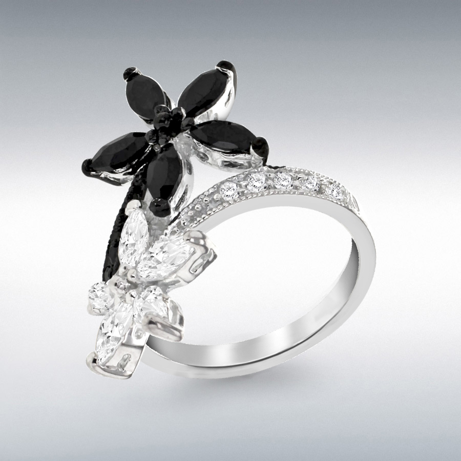 Sterling Silver Black and White CZ Double-Flower Wrap-Around Ring