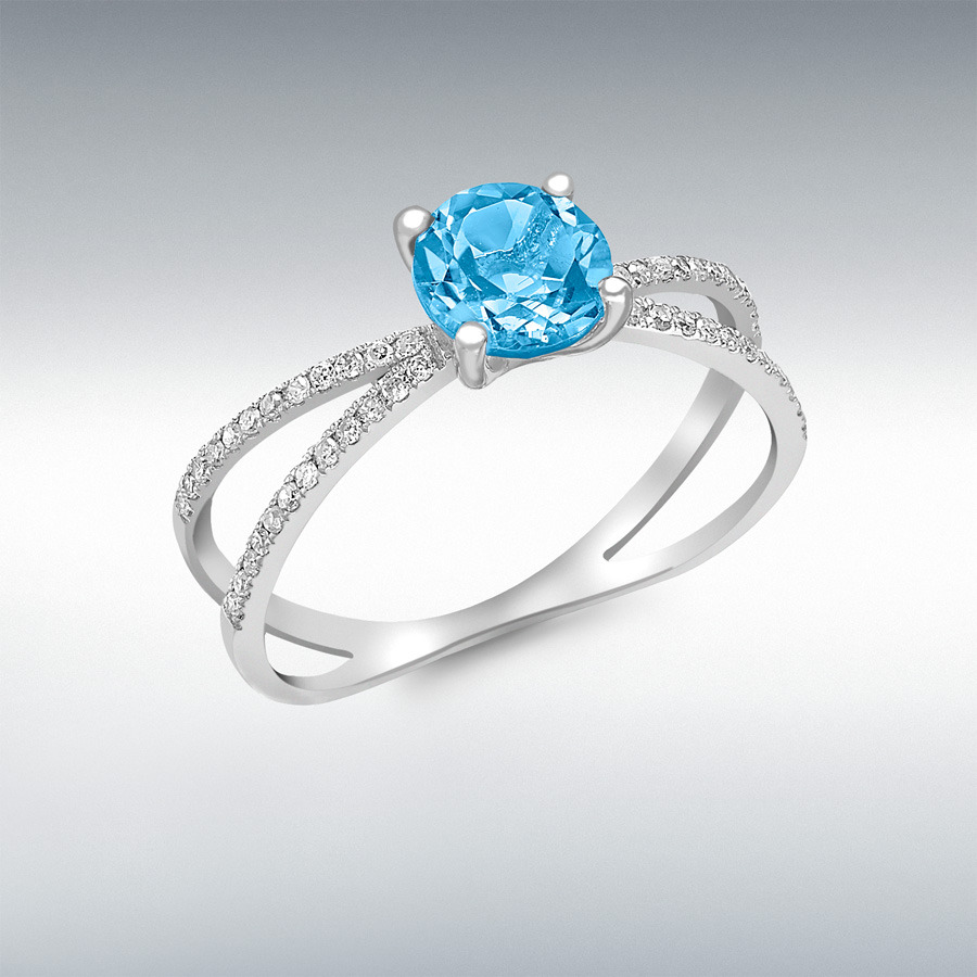 9ct White Gold 0.14ct Diamond and Blue Topaz Ring