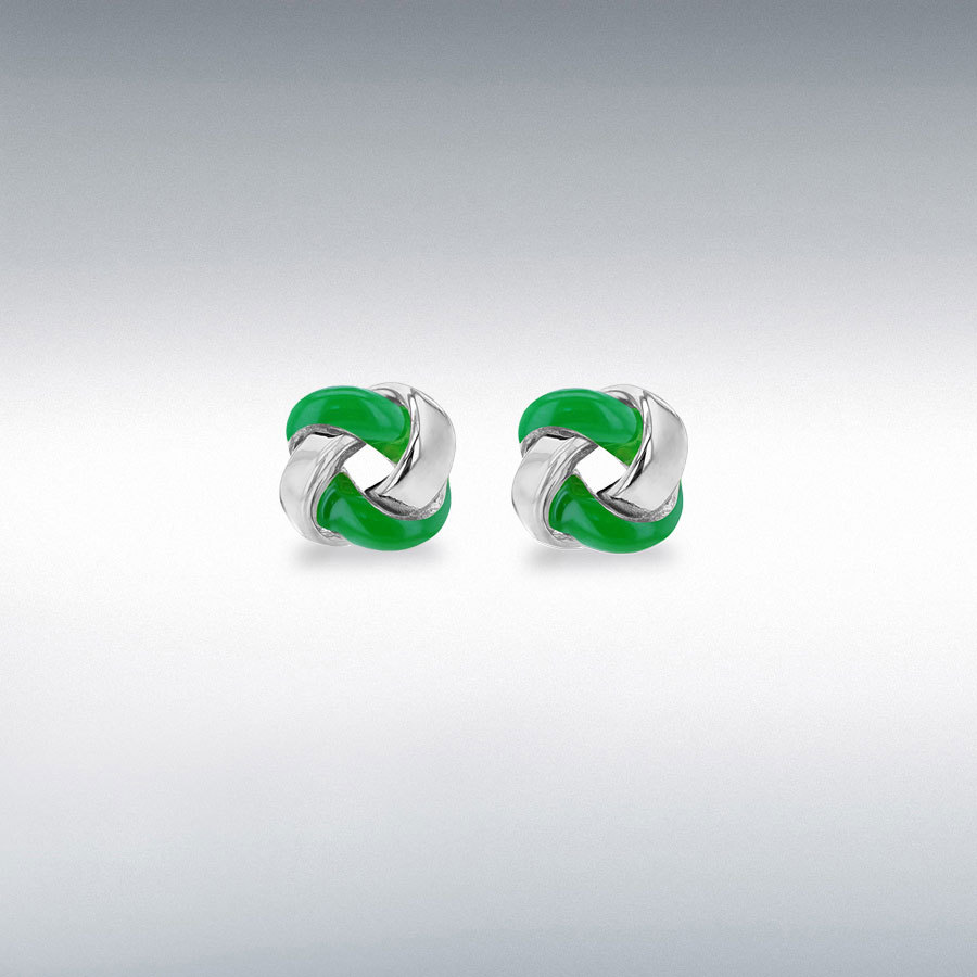 Sterling Silver Rhodium Plated 7.5mm Green Enamel Small Knot Stud Earrings