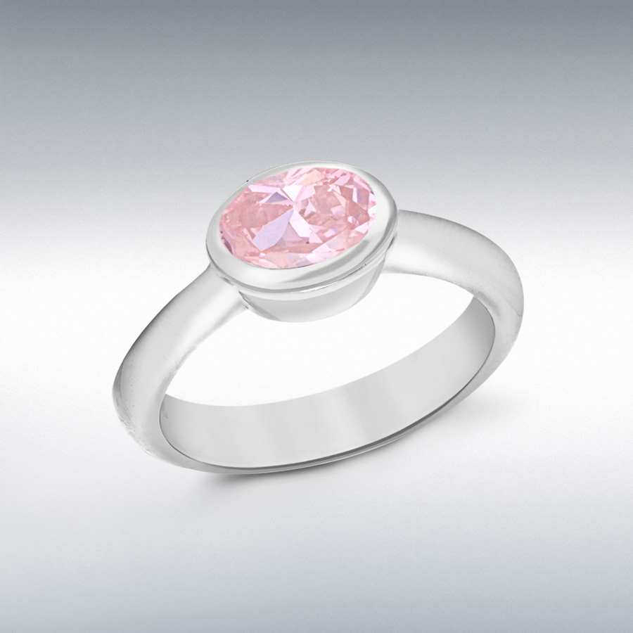 Sterling Silver Pink Oval CZ Solitaire Tapered-Shoulder Ring