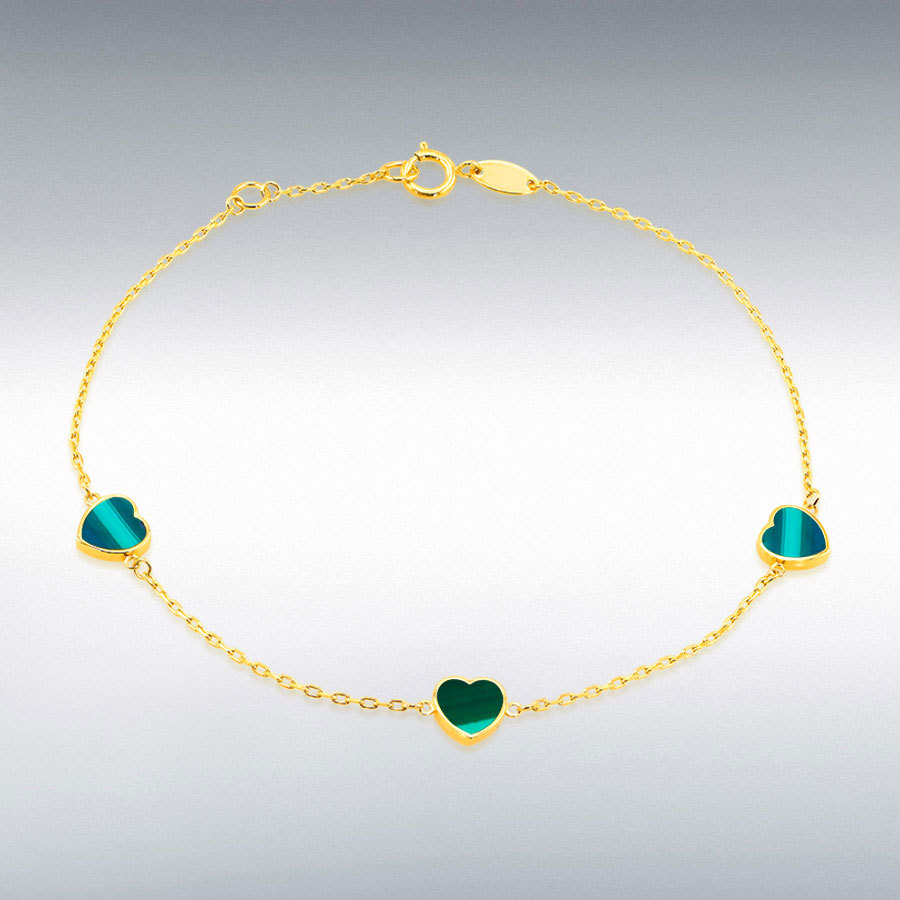 18ct Yellow Gold 3 x 6mm Malachite Heart Petals Bracelet 19cm/7.5"