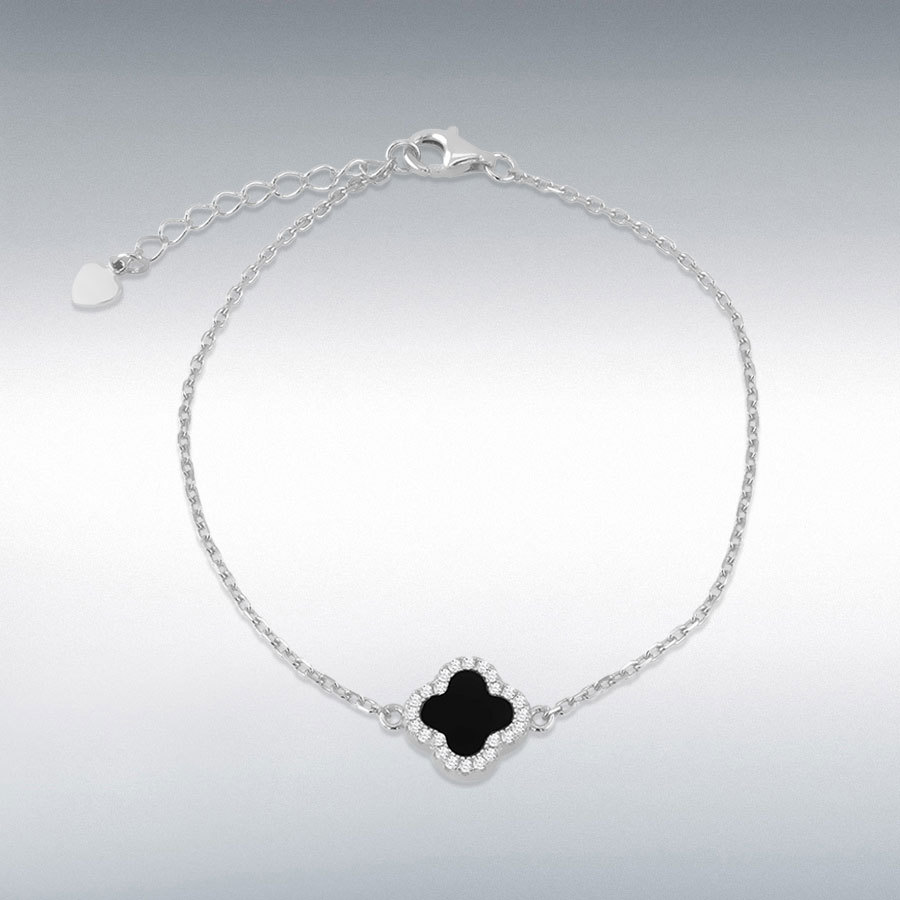 Sterling Silver Rhodium Plated 11mm Clover Black Agate and 1.1mm White CZ Adjustable Bracelet 16cm/6.25" 19cm/7.5"