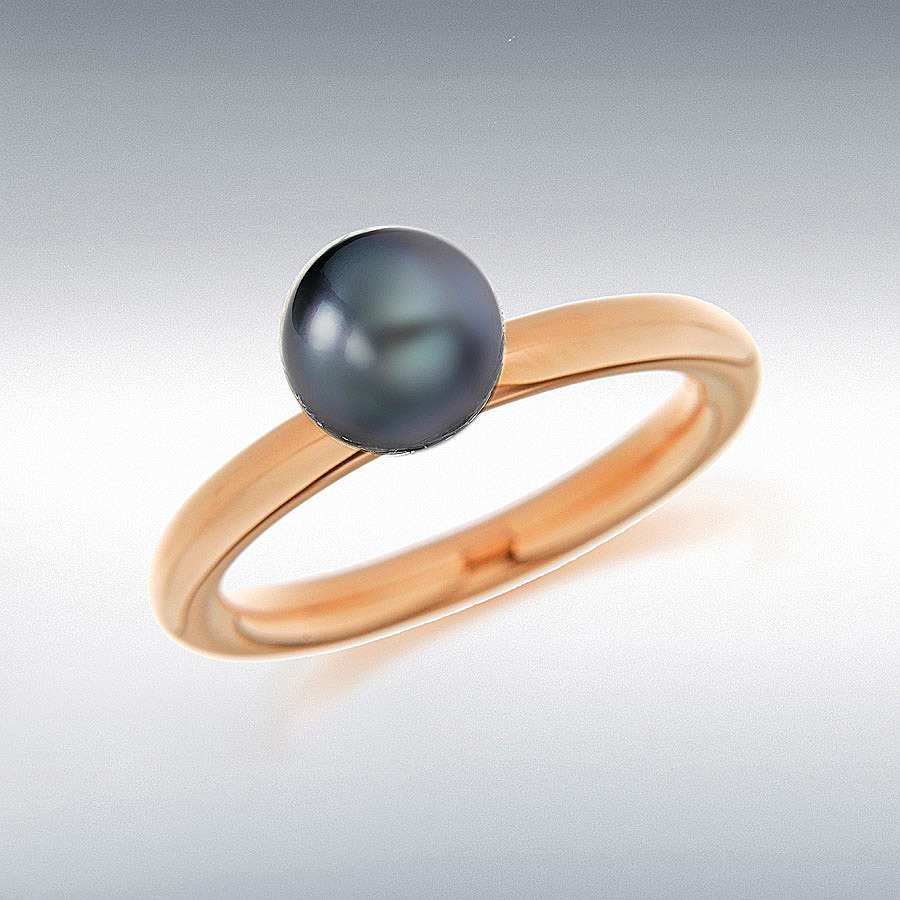 Sterling Silver Rose Gold Plated Grey Simulated Pearl Stacking Ring