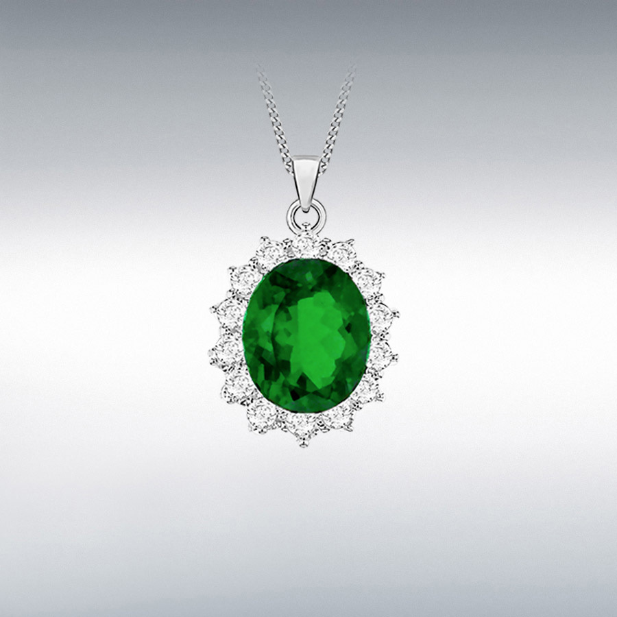 Sterling Silver White CZ and Green Glass 15mm x 19mm Oval Cluster Pendant