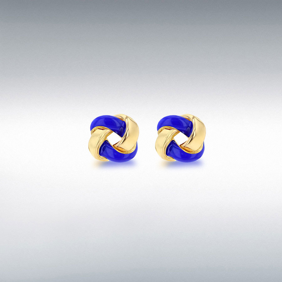 Sterling Silver Yellow Gold Plated 7.5mm Blue Enamel Small Knot Stud Earrings