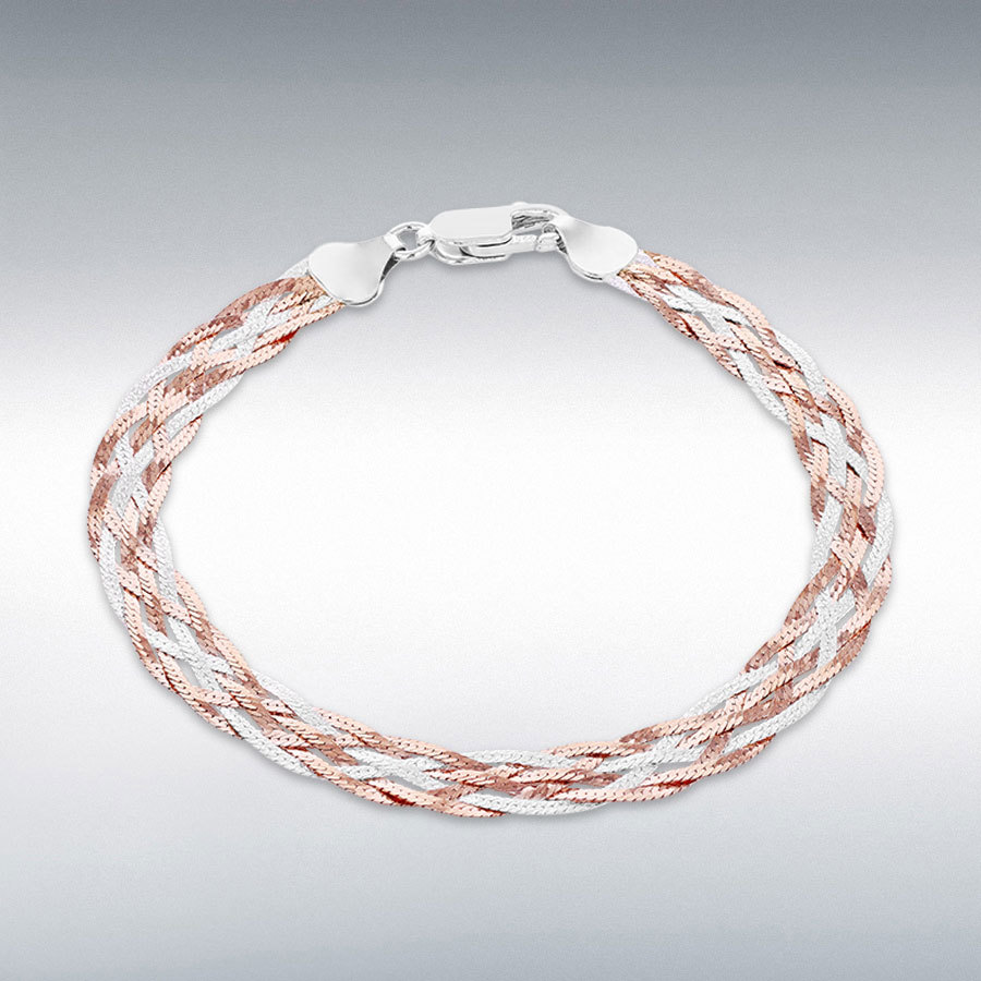 Sterling Silver White and Rose Gold Plated Plait Herringbone Bracelet 19cm/7.5"