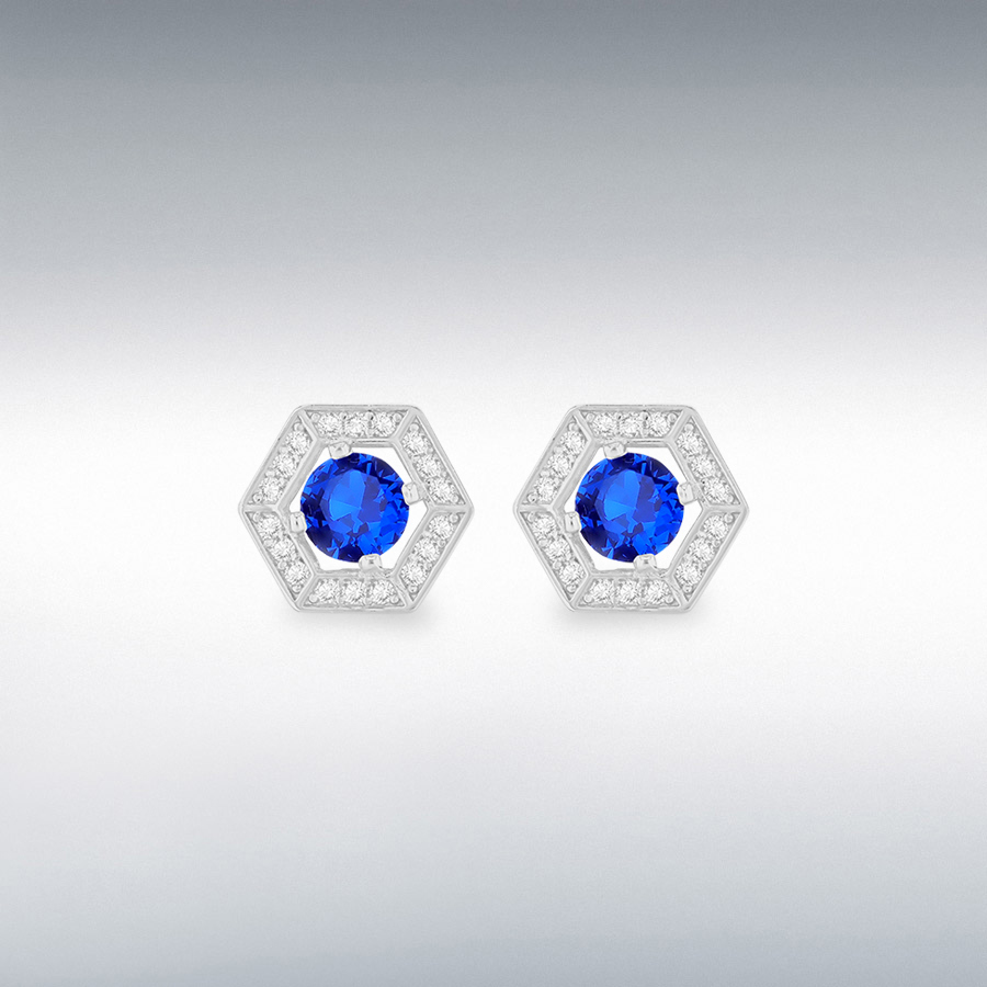 Sterling Silver Rhodium Plated 11mm x 9.5mm Round Small White CZ Halo Hexagon with 5mm Round Blue CZ Stud Earrings