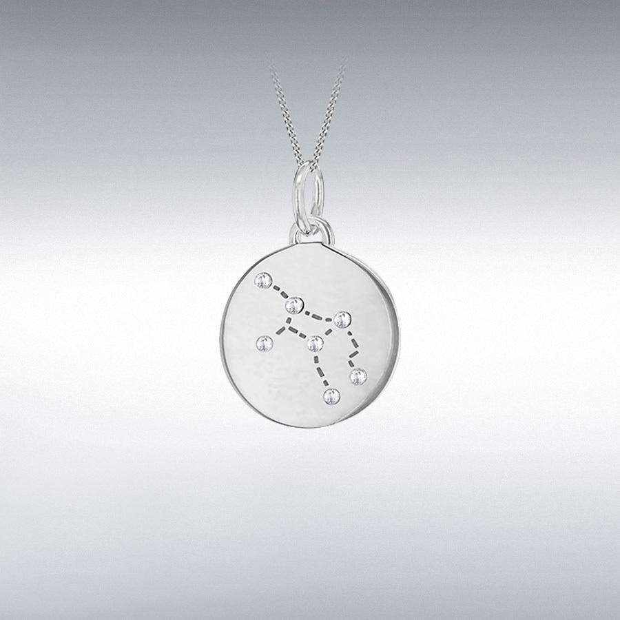 Sterling Silver Rhodium Plated CZ 12mm x 18.5mm Virgo Constellation Disc Pendant