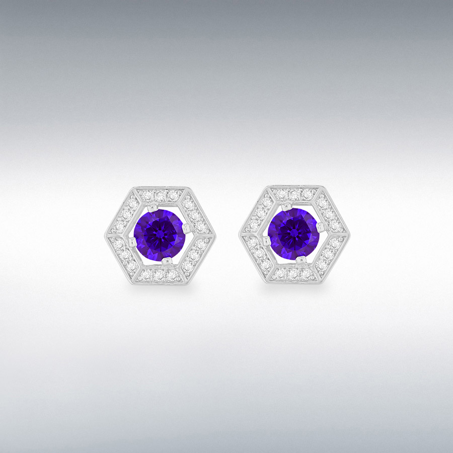 Sterling Silver Rhodium Plated 11mm x 9.5mm Round Small White CZ Halo Hexagon with 5mm Round Purple CZ Stud Earrings