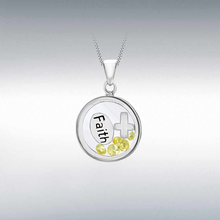 Sterling Silver Yellow CZ 14mm x 22mm Floating 'Faith' Round Pendant