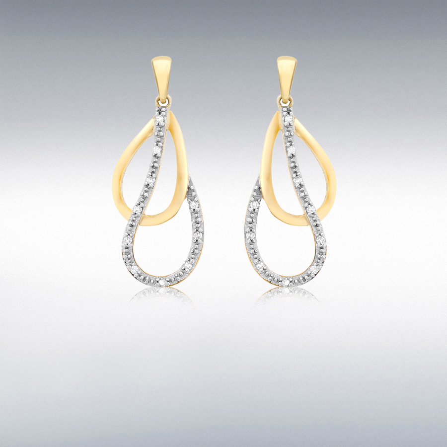 9ct Yellow Gold 0.06ct Diamond 7mm x 16mm Double-Teardrop Earrings