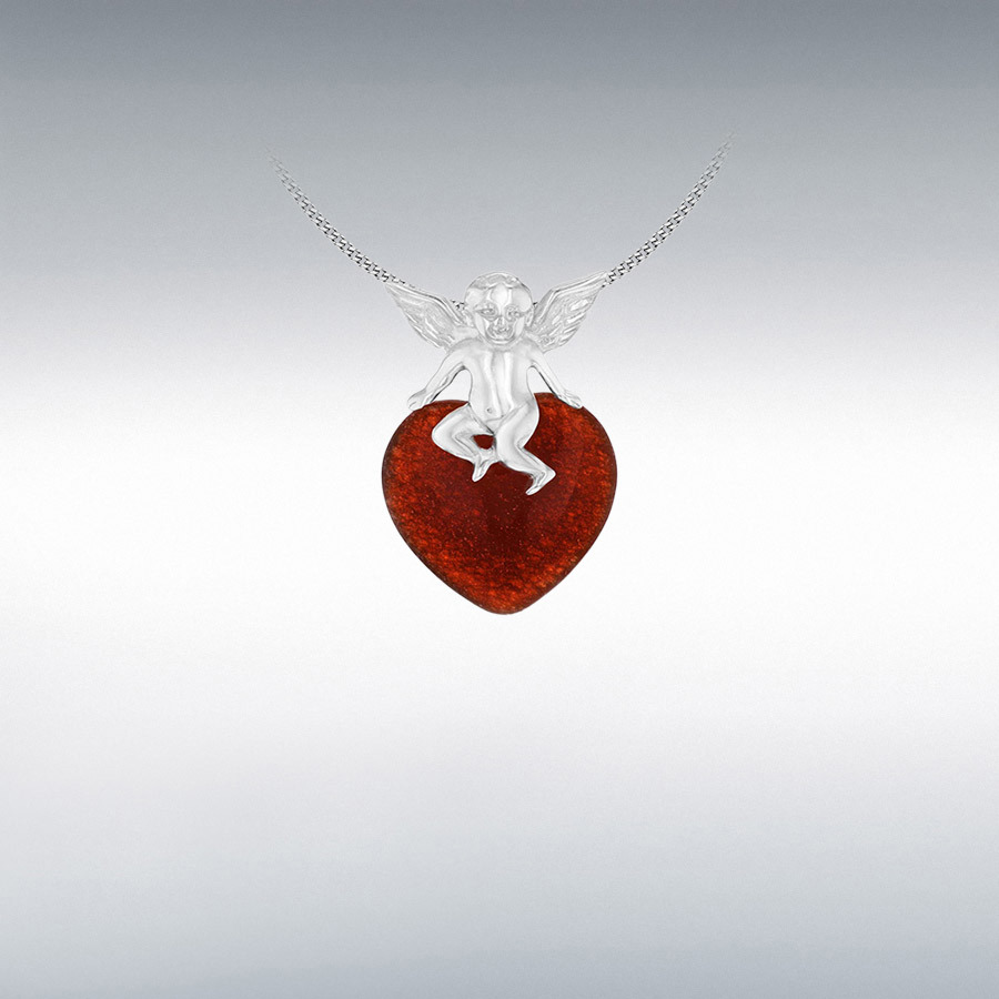 Sterling Silver Red Quartz 18mm x 27mm Heart and Cherub Pendant