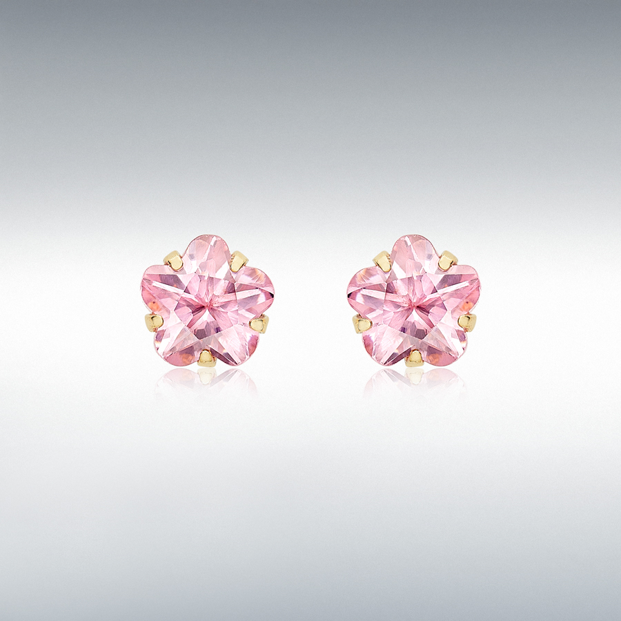 9ct Yellow Gold 5mm x 5mm Pink CZ Flower Stud Earrings