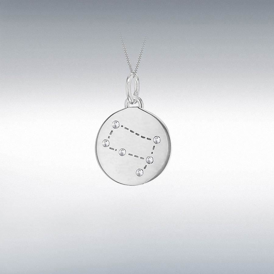 Sterling Silver Rhodium Plated CZ 12mm x 18.5mm Gemini Constellation Disc Pendant