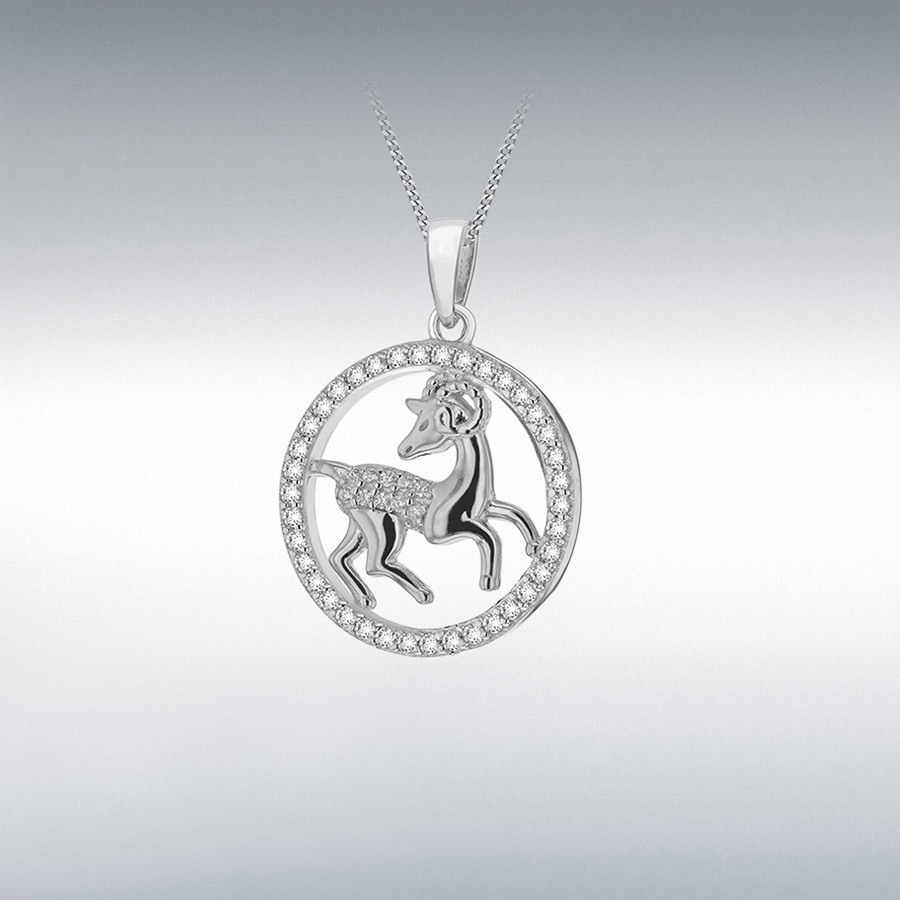 Sterling Silver Rhodium Plated CZ 19.3mm x 26.5mm Capricorn Zodiac Round Pendant