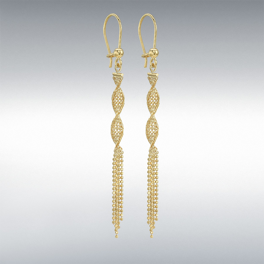 9ct Yellow Gold 4mm x 69mm Diamond Cut Ball-Twist-Tassel Drop Earrings