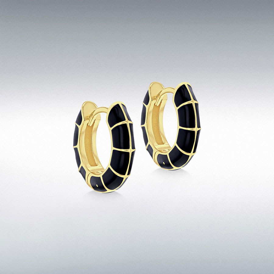 Sterling Silver Yellow Gold Plated 15mm Black Squares Enamel Huggie Hoop Earrings