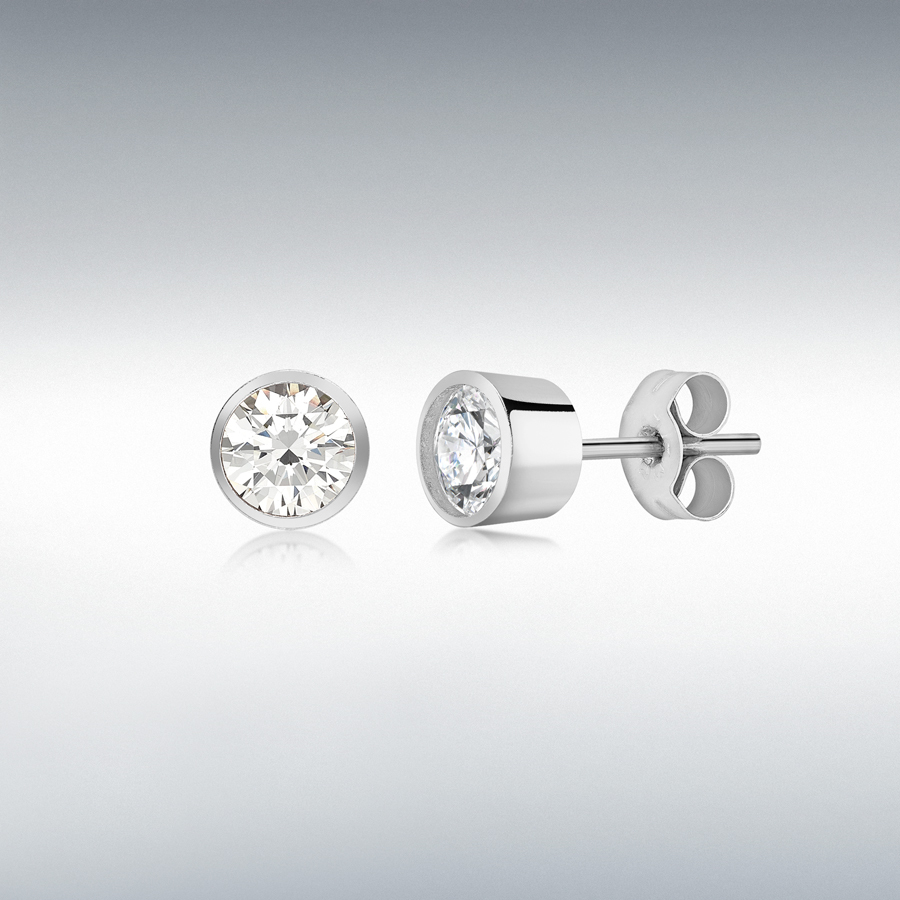 9ct White Gold 5mm CZ Rubover Set 6mm Stud Earrings