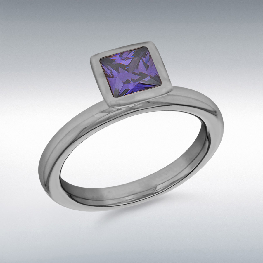 Sterling Silver Black Rhodium Plated Square Purple CZ Stacking Ring