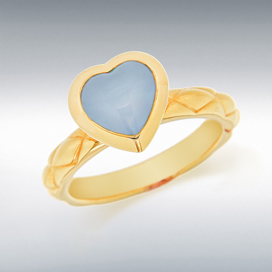 Sterling Silver Yellow Gold Plated Blue Opaque Glass Heart Patterned Stacking Ring