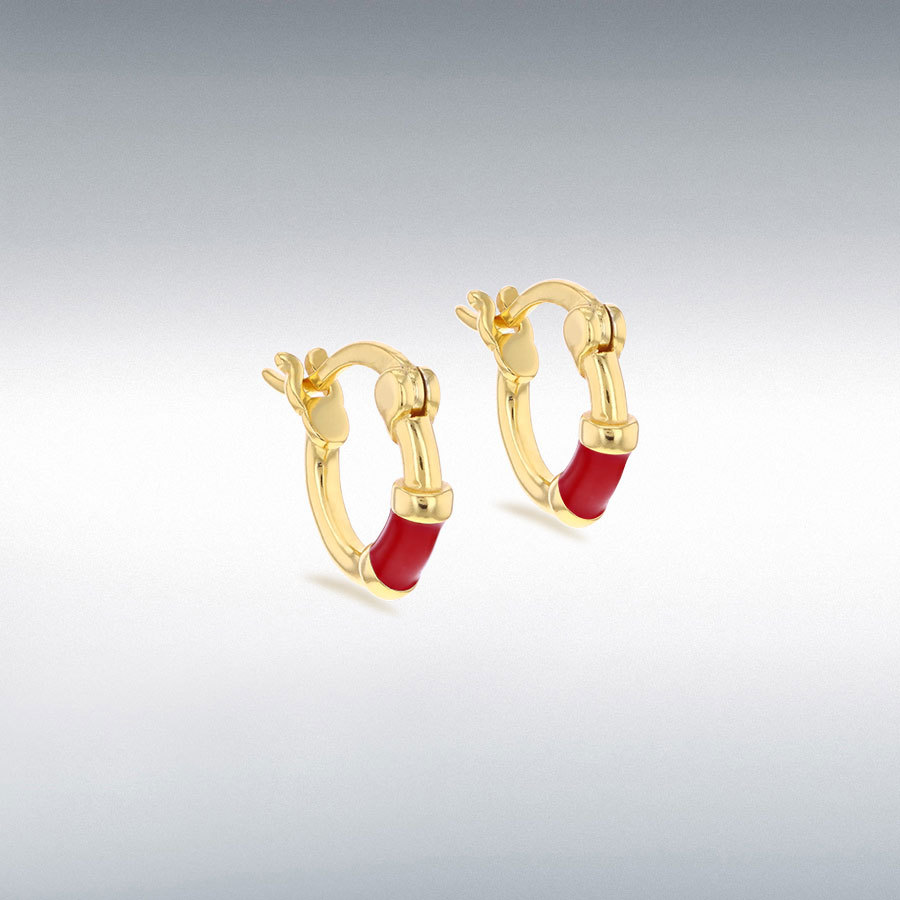 Sterling Silver Yellow Gold Plated 10mm Red Enamel Huggie Hoop Earrings