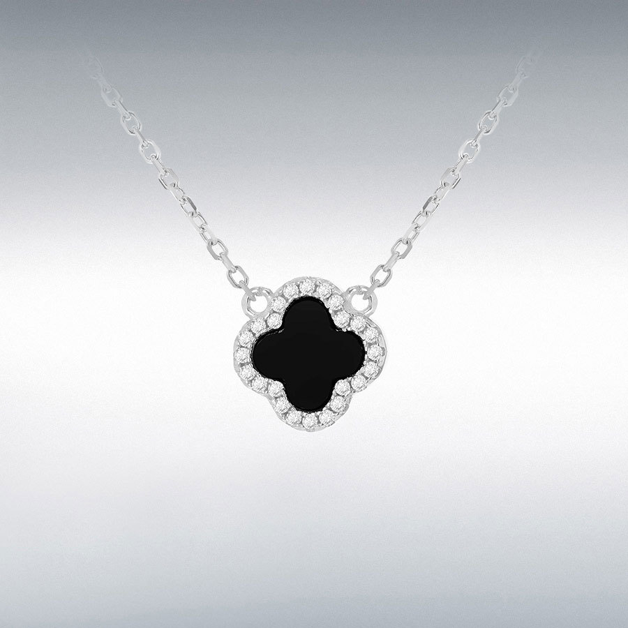 Sterling Silver Rhodium Plated 11mm Clover Black Agate and 1.1mm White CZ Adjustable Necklace 40cm/15.75" 45cm/17.75"